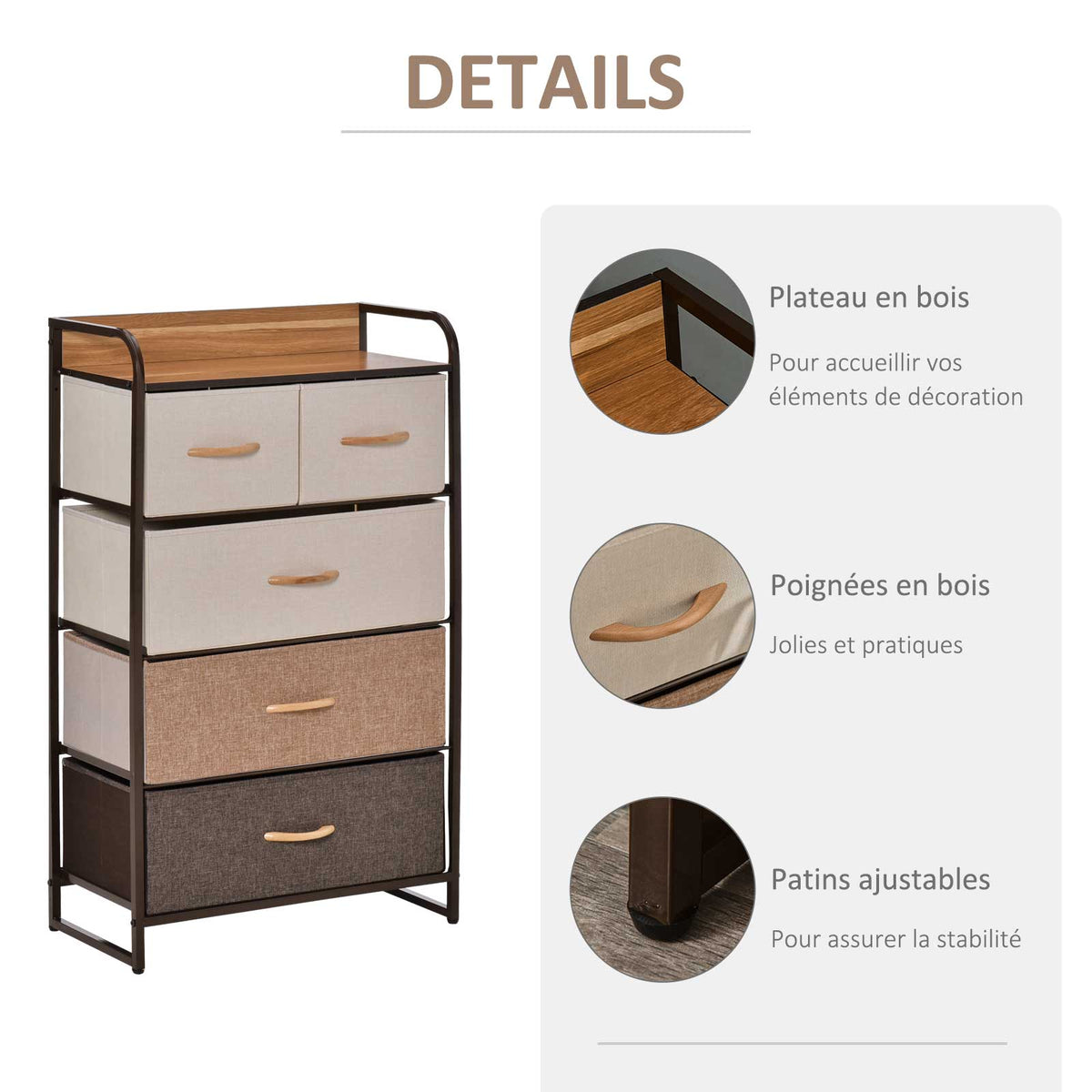 Commode Meuble de Rangement 5 tiroirs Pliables en Tissu 58 x 29 x 99 cm Multicolore