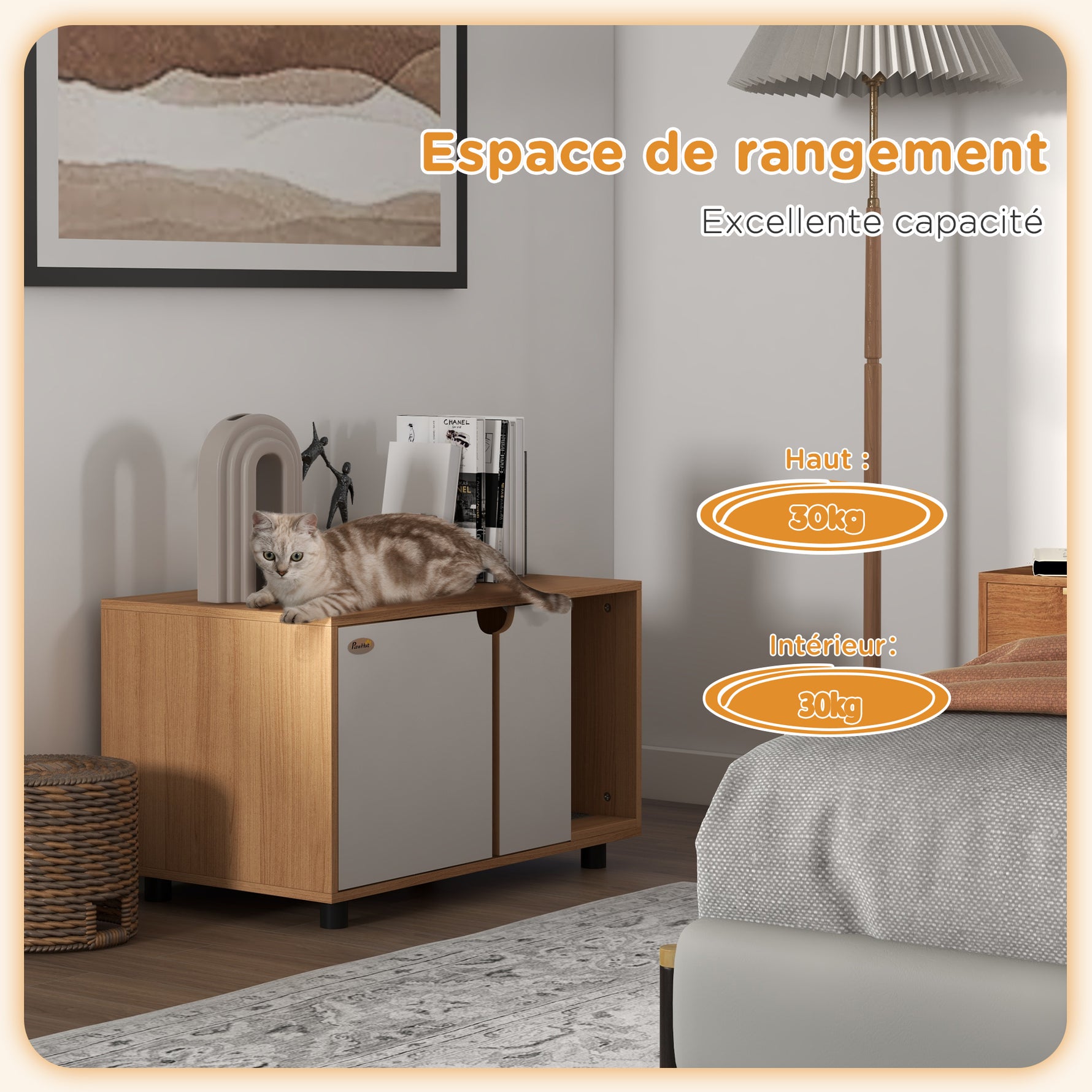 Meuble à litière maison de toilette sur pieds pour chat 2 en 1 portes style scandinave 80 x 48 x 48 cm naturel et blanc