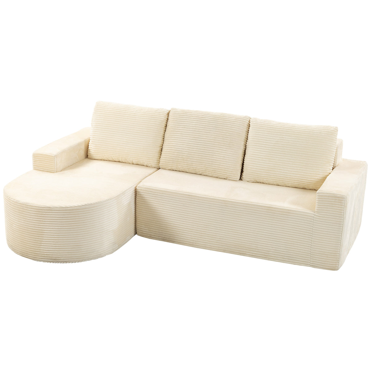 3-Sitzer-Ecksofa aus Cord, komprimiertes L-förmiges Sofa 235 cm, geschwungene Chaiselongue, tiefe Sitzfläche, Beige