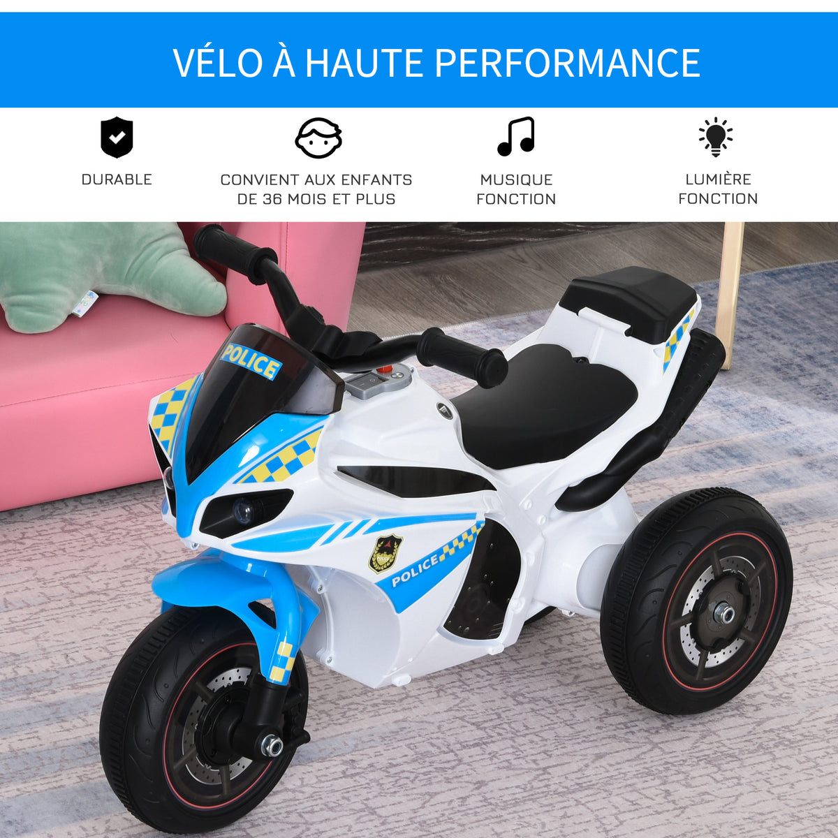 Porteur Enfants Moto de Course Effets musicaux et Lumineux Coffre Rangement Bleu Blanc
