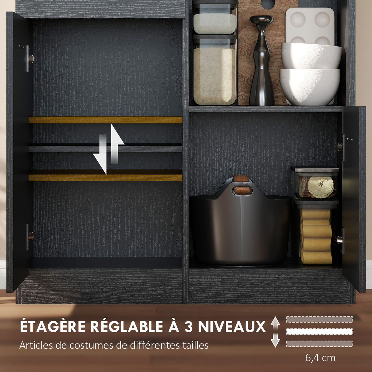 Buffet Haut Cuisine, Armoire de Cuisine avec 4 Portes à Fermeture Douce, Tiroir et Étagères Réglables, Noir