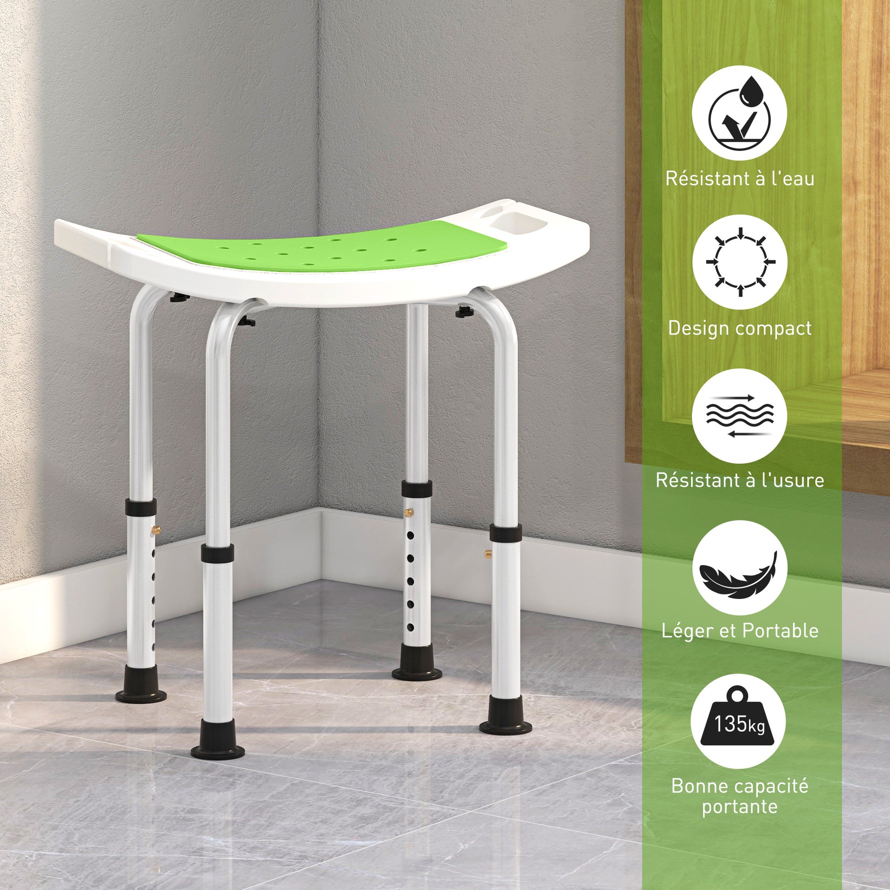 Siège de Douche réglable en Hauteur Tabouret de Douche Ergonomique Pieds antidérapants Charge Max. 135 Kg alu HDPE Vert