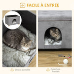 Niche chat maison de chat design surélevé avec coussin amoviable et lavable en peluche doux repose-pieds, dessus ouvrable, gris