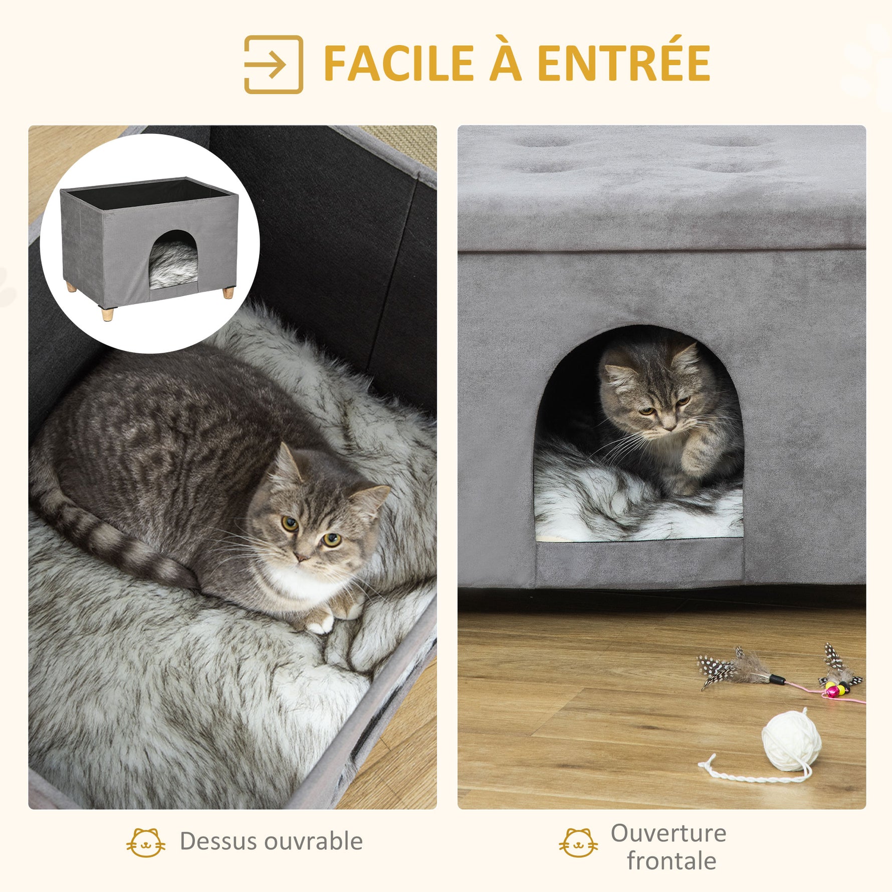 Niche chat maison de chat design surélevé avec coussin amoviable et lavable en peluche doux repose-pieds, dessus ouvrable, gris