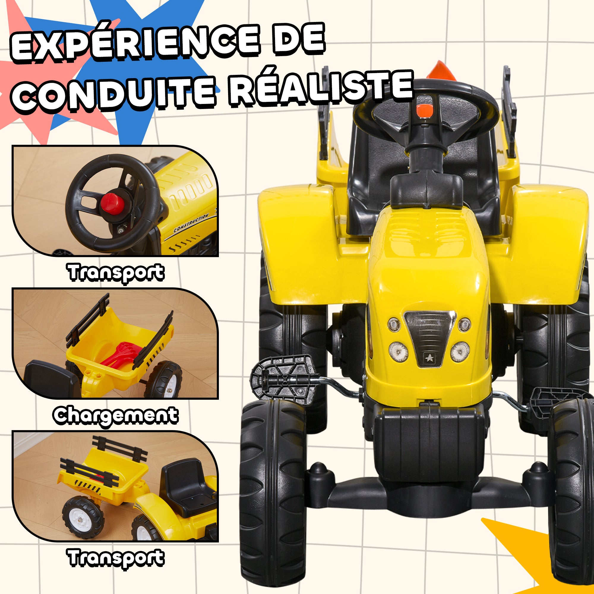 Ride-on tractor for children with trailer, rake and shovel, 6-wheel pedal tractor, 35 kg capacity, for ages 3+, yellow