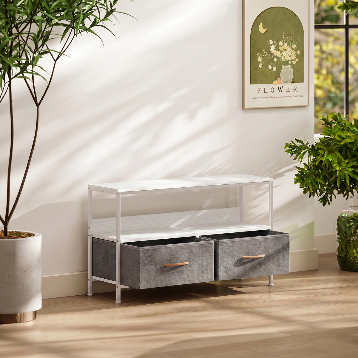 Meuble TV, meuble télé pour téléviseur jusqu'à 47 pouces avec 2 tiroirs et pieds en acier, 98 x 29 x 56 cm, gris clair