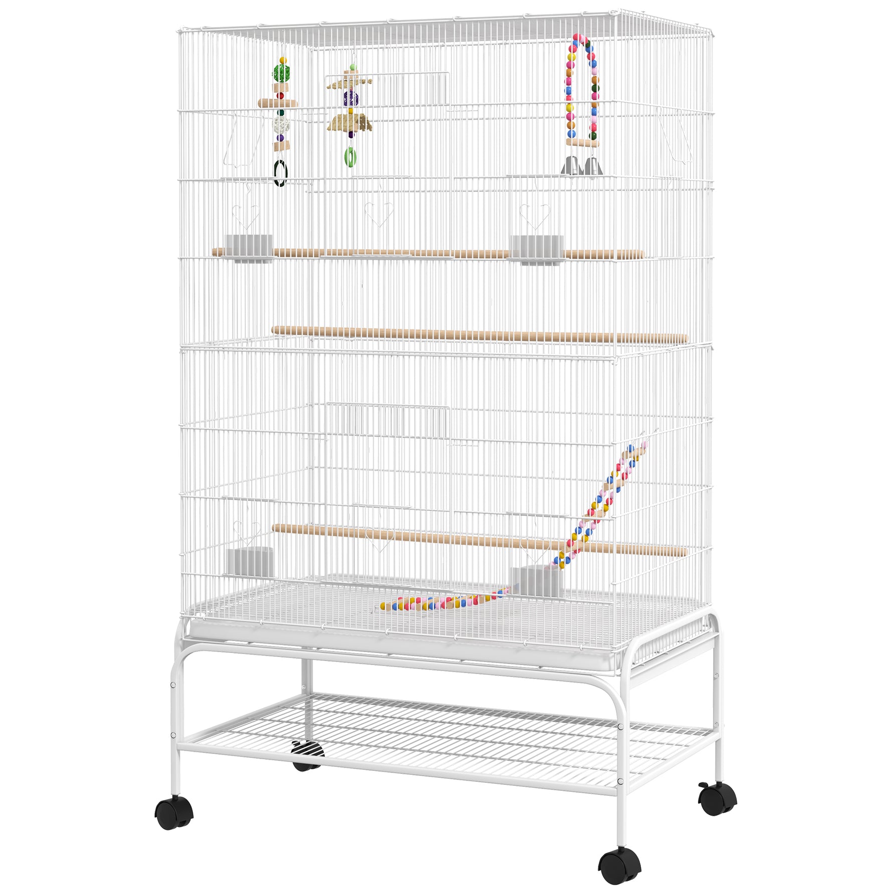 Cage à oiseaux sur pieds roulettes avec 4 mangeoires et 3 perchoirs 79 x 49 x 133 cm blanc