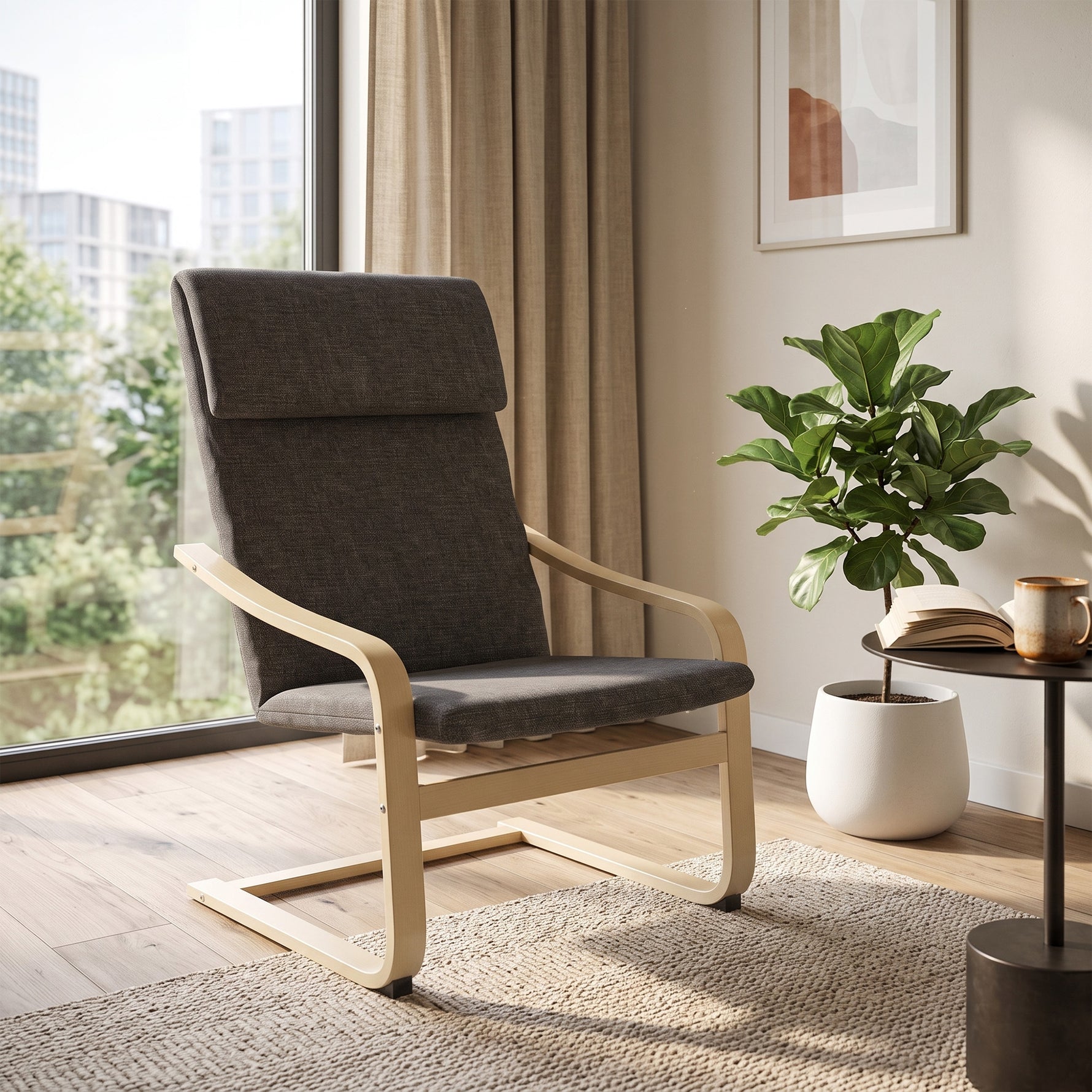 Fauteuil de salon, fauteuil chambre avec accoudoirs incurvés, coussin, tissu aspect lin, 65 x 79 x 98 cm, gris