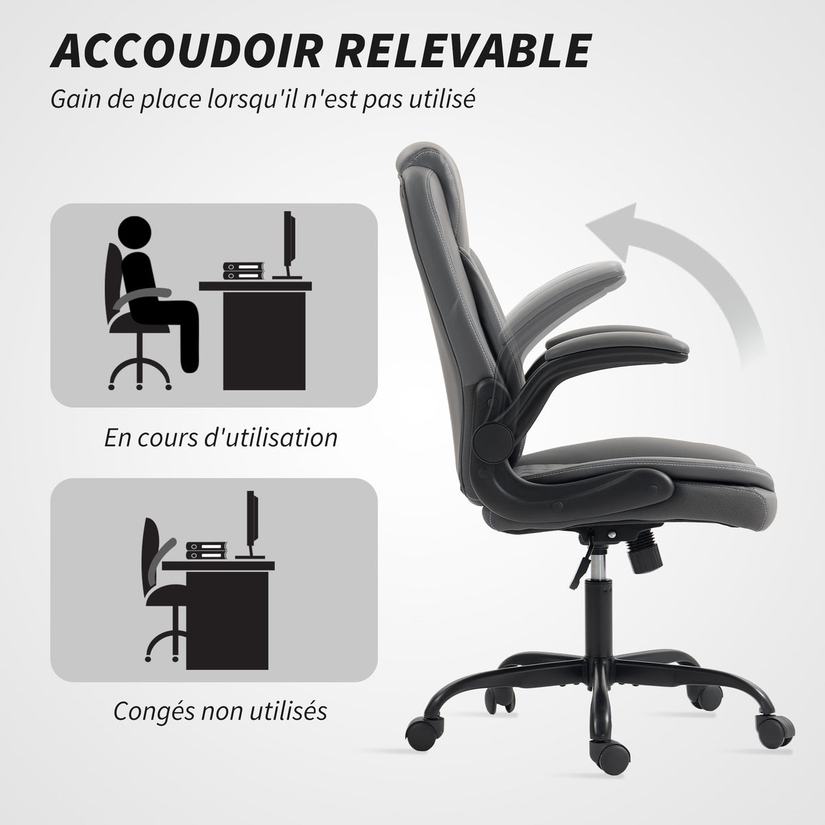 Fauteuil de bureau, chaise bureau ergonomique avec accoudoirs relevables, hauteur réglable, fonction de bascule, gris