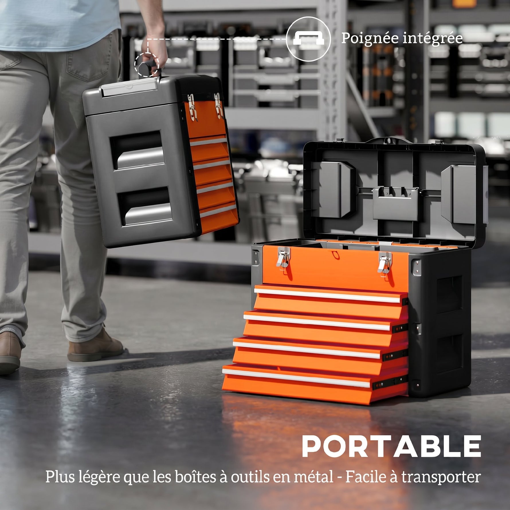 Boîte à Outils à 4 Tiroirs, Caisse à Outils en Acier Thermolaqué avec Plateau Amovible, 49,7x25,3x40,7cm, Orange