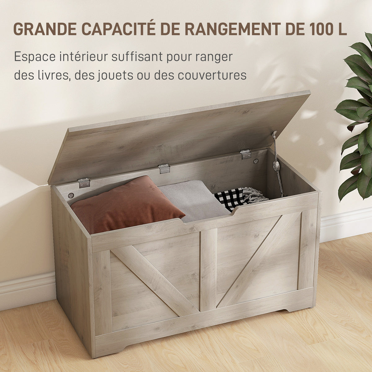 Coffre de rangement, banc de rangement avec couvercle rabattable et charnières de sécurité, 80 x 40 x 45 cm, gris