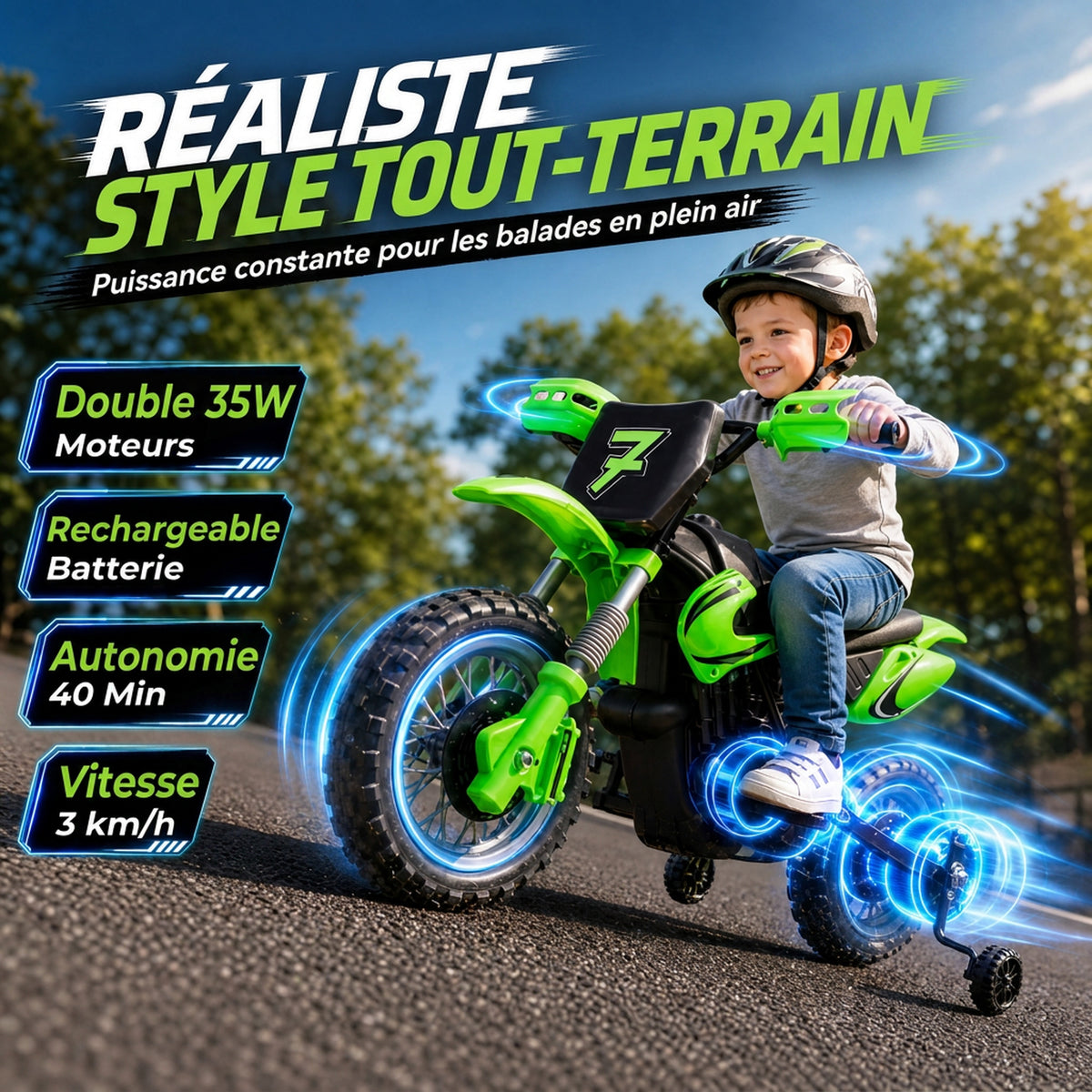 Elektro-Motorrad für Kinder 12 V, Höchstgeschwindigkeit 3 km/h, Lithium-Batterie, Doppelmotor, Hinterradfederung, Grün