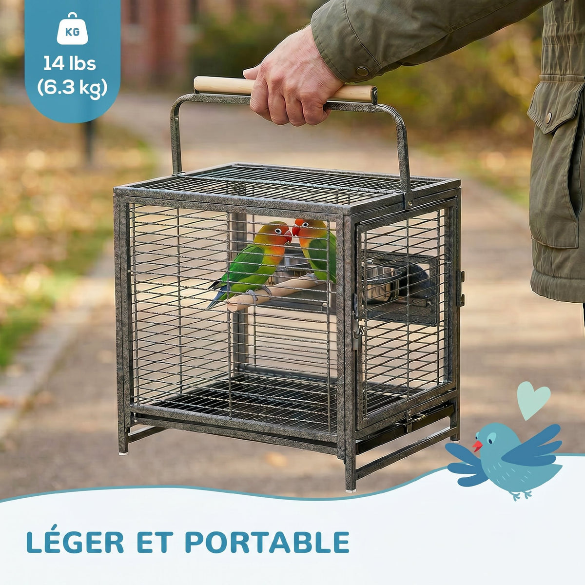 Cage de transport en acier pour perroquets, cage à oiseaux avec 2 bols en acier inoxydable, 2 perchoirs, plateau, noir