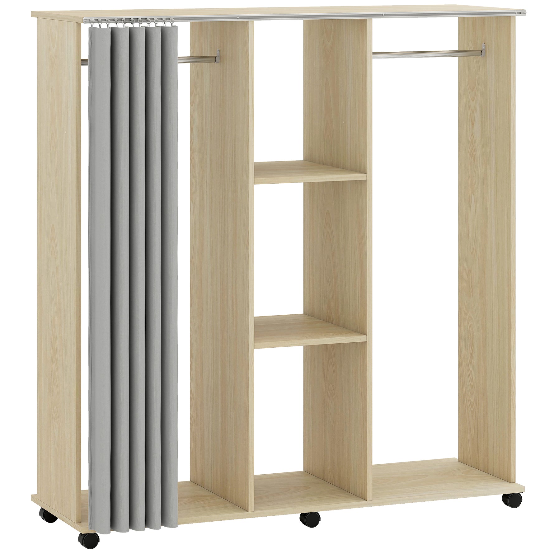 Armoire penderie Meuble de Rangement Mobile 6 roulettes 120L x 40l x 128H cm en bois naturel