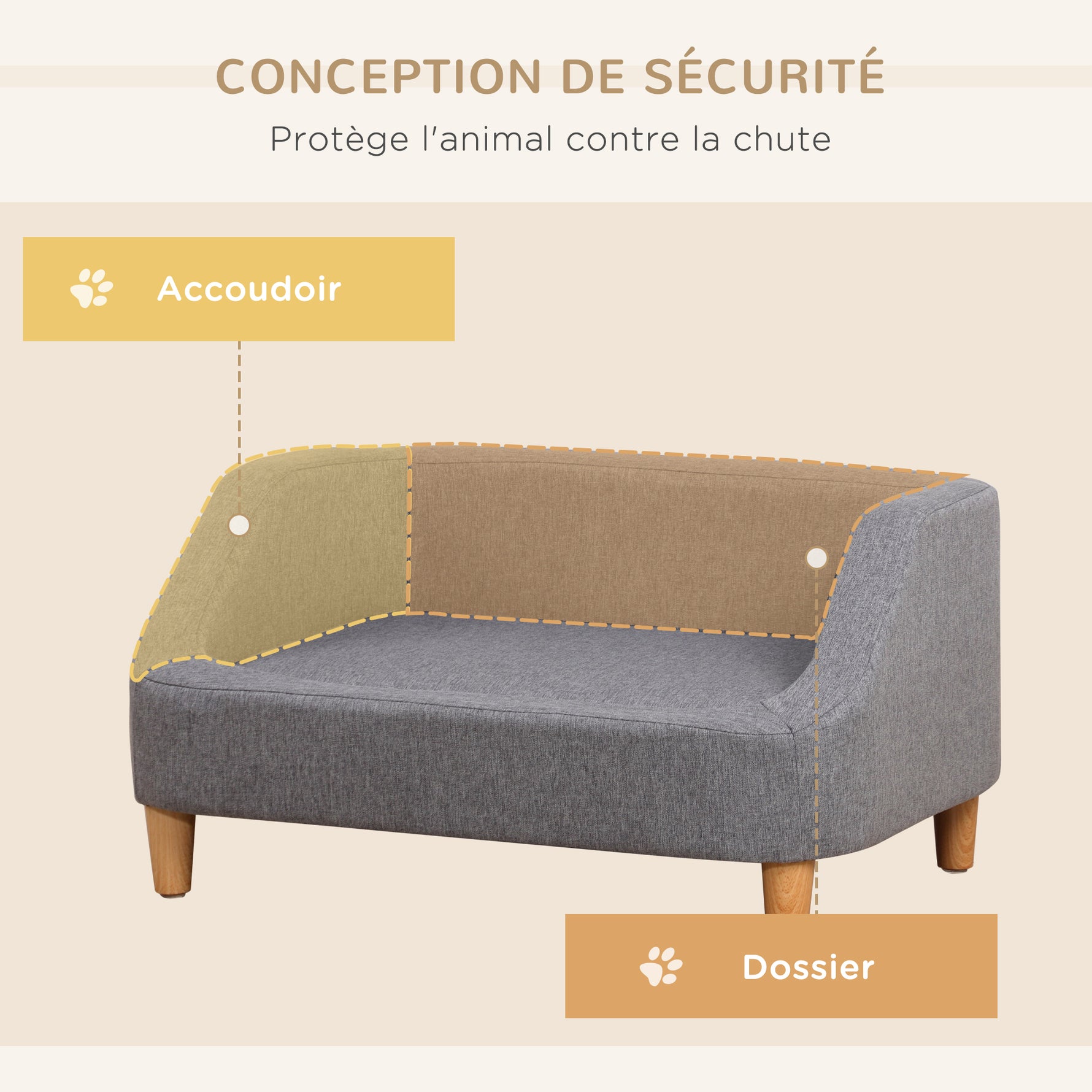 Canapé pour chien lit pour chien animal domestique style scandinave pieds en bois revêtement tissu déhoussable 75 x 55 x 39 cm - gris