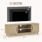 Meuble TV 135 cm, meuble télé pour téléviseur jusqu'à 65 pouces avec 2 portes en rotin, 2 compartiments ouverts, chêne