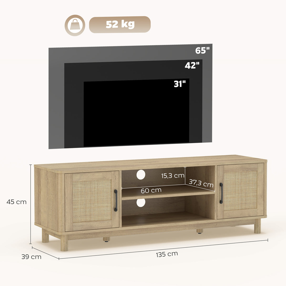 Meuble TV 135 cm, meuble télé pour téléviseur jusqu'à 65 pouces avec 2 portes en rotin, 2 compartiments ouverts, chêne