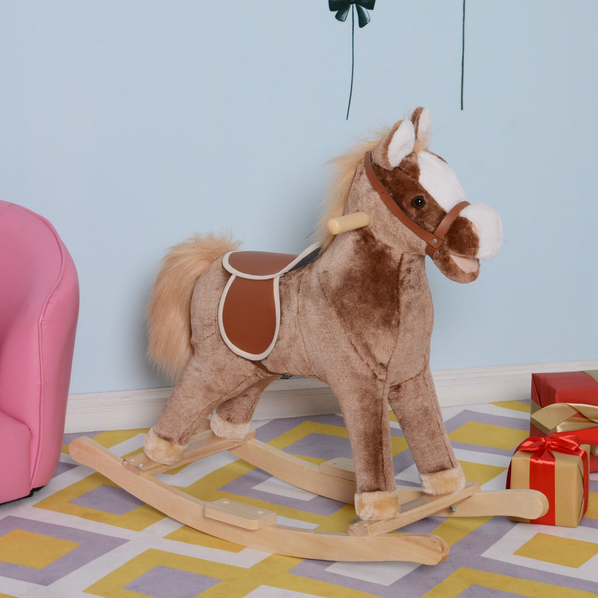Schaukelpferd Cowboypferd Sattel Großer Komfort für Kinder ab 36 Monaten Kurzflor Plüsch Weich Holz Pappel Belastung 40 kg Braun Weiß