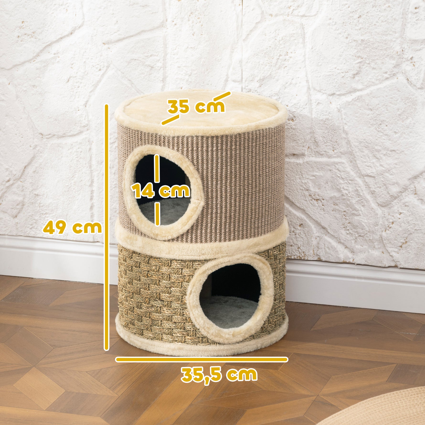 Tonneau à gratter pour chat arbre à chat sisal naturel et herbiers marins recouvert de peluche 35,5x35,5x49cm kaki café
