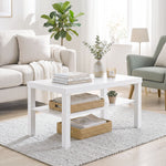 Table basse de salon, table d'appoint rectangulaire à 2 niveaux avec étagère de rangement, 90x45x44,5cm, blanc