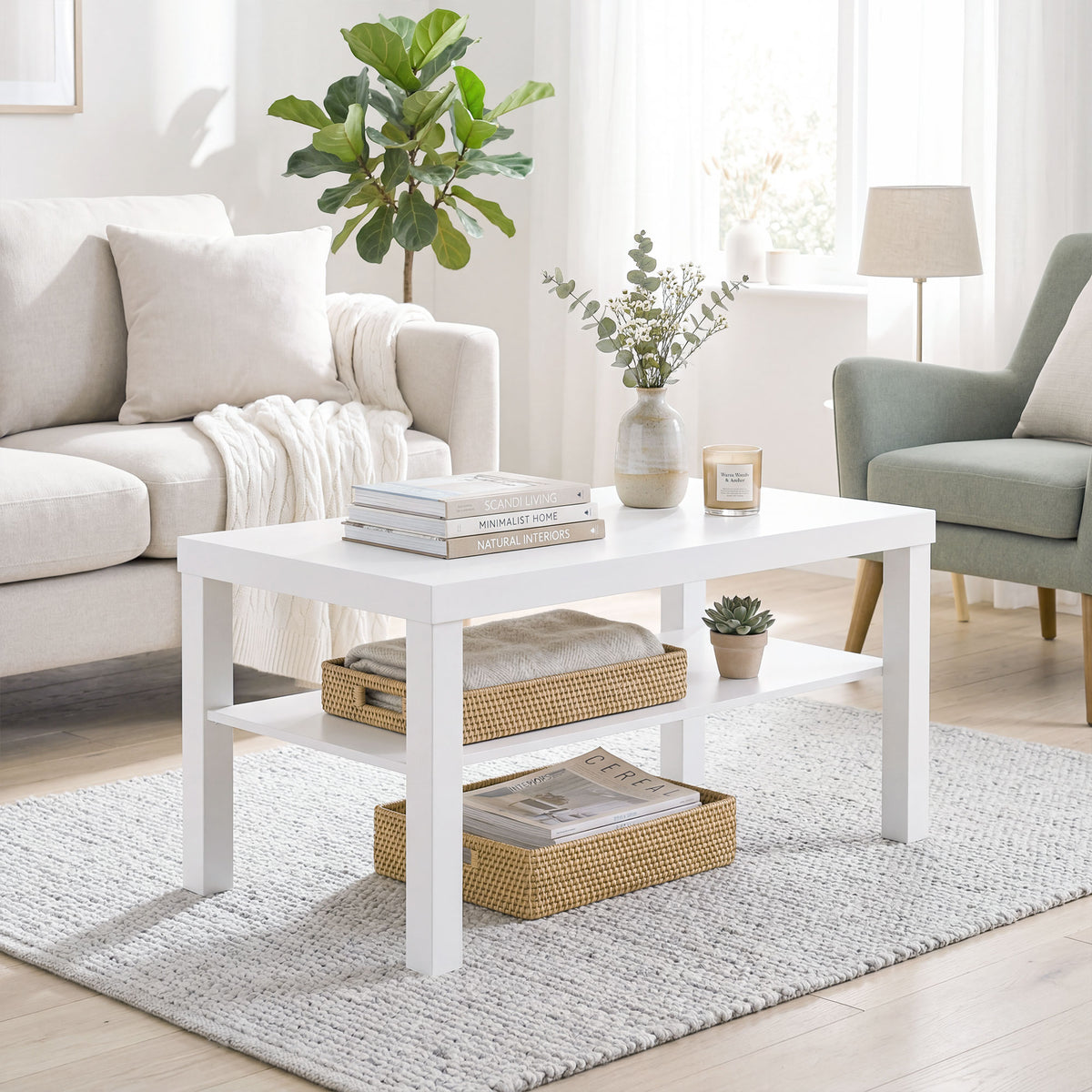 Table basse de salon, table d'appoint rectangulaire à 2 niveaux avec étagère de rangement, 90x45x44,5cm, blanc