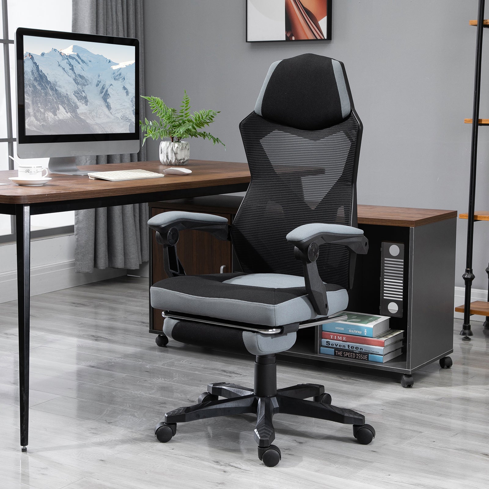 Chaise de bureau fauteuil gaming hauteur réglable dossier roulettes pivotantes repose-pied tissu en maille 58L x 63l x 112-122H cm gris noir