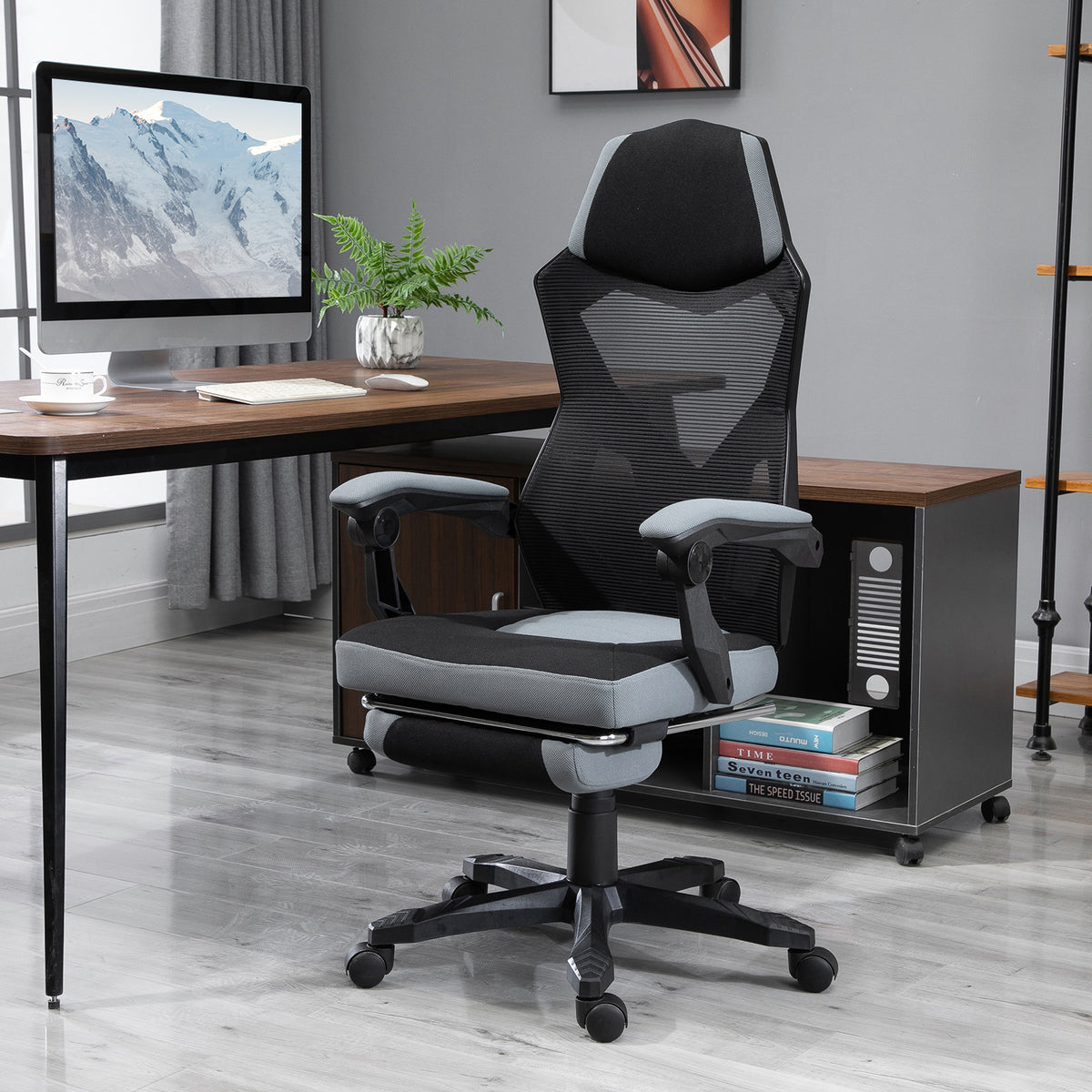 Chaise de bureau fauteuil gaming hauteur réglable dossier roulettes pivotantes repose-pied tissu en maille 58L x 63l x 112-122H cm gris noir
