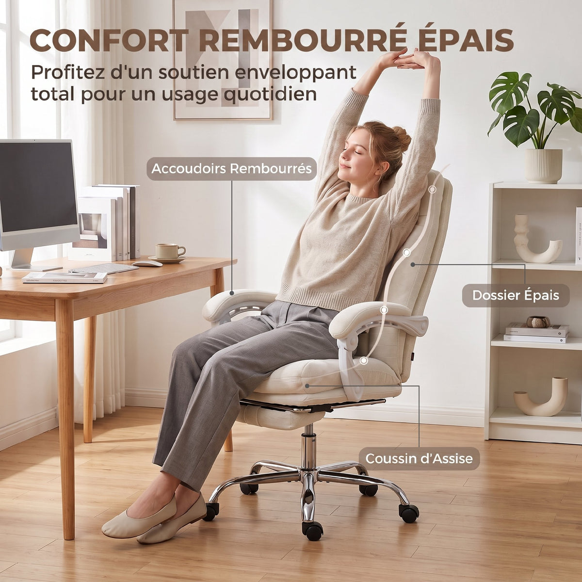 Chaise Bureau Ergonomique, Fauteuil de Bureau Inclinable en Chenille, Hauteur Réglable, Repose-Pieds, Crème
