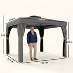 Tonnelle de jardin extérieur 3 x 3 m, barnum avec toit double, rideaux et moustiquaire, cadre en aluminium, gris foncé