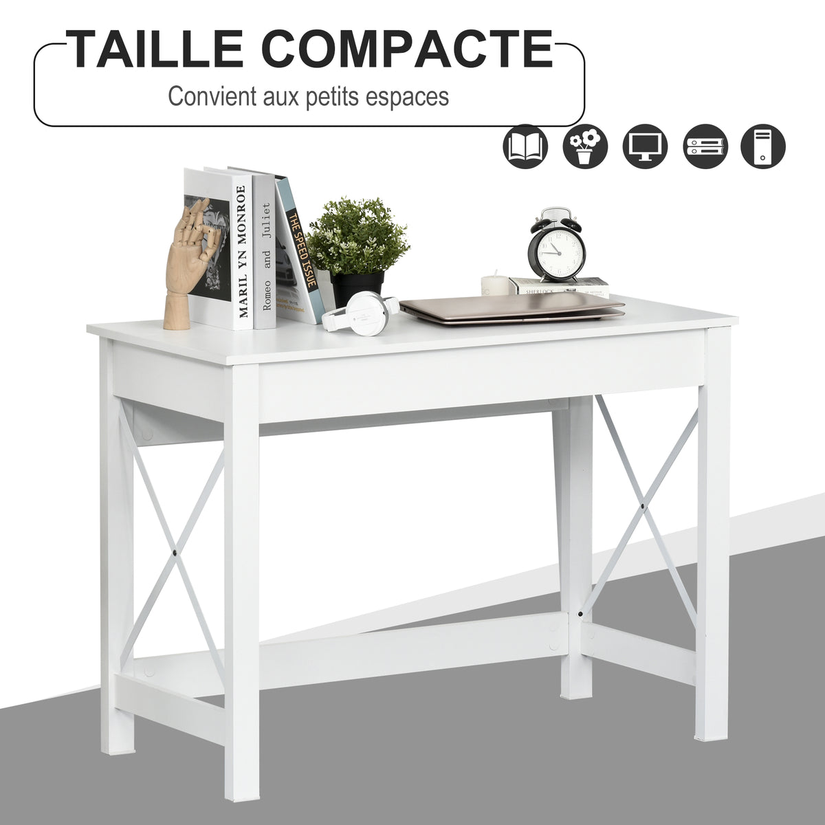 Bureau d'ordinateur, table informatique, style moderne, cadre renforcé en forme X, 105 x 50 x 76 cm, blanc