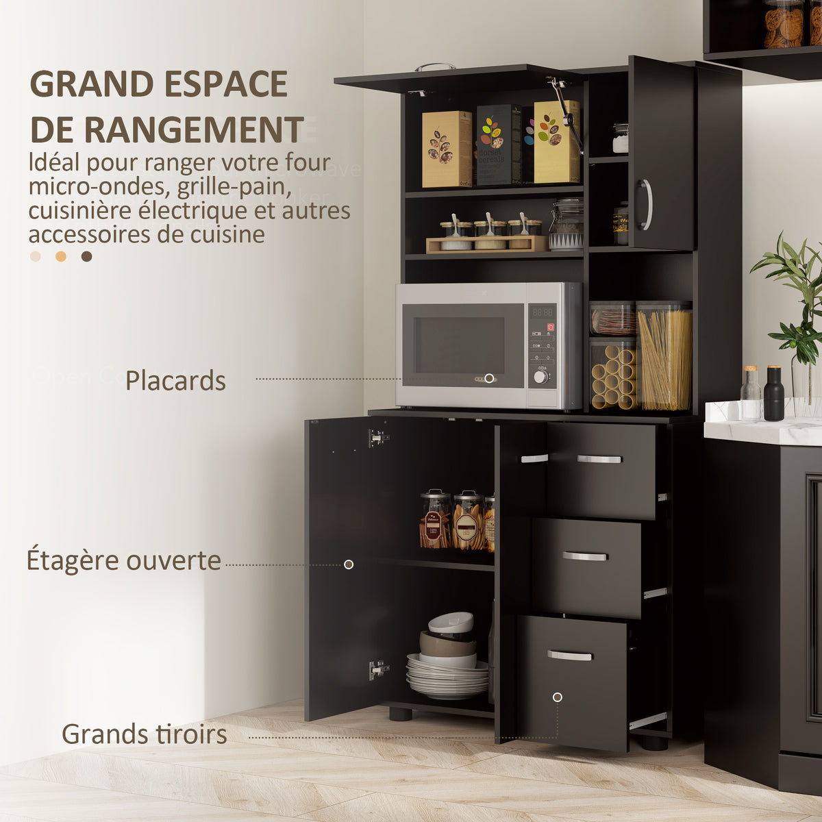 Mobile da cucina multi-ripiano, 4 ante, 3 cassetti, mensola + ampio piano d'appoggio, 89L x 39,5P x 168A cm, nero