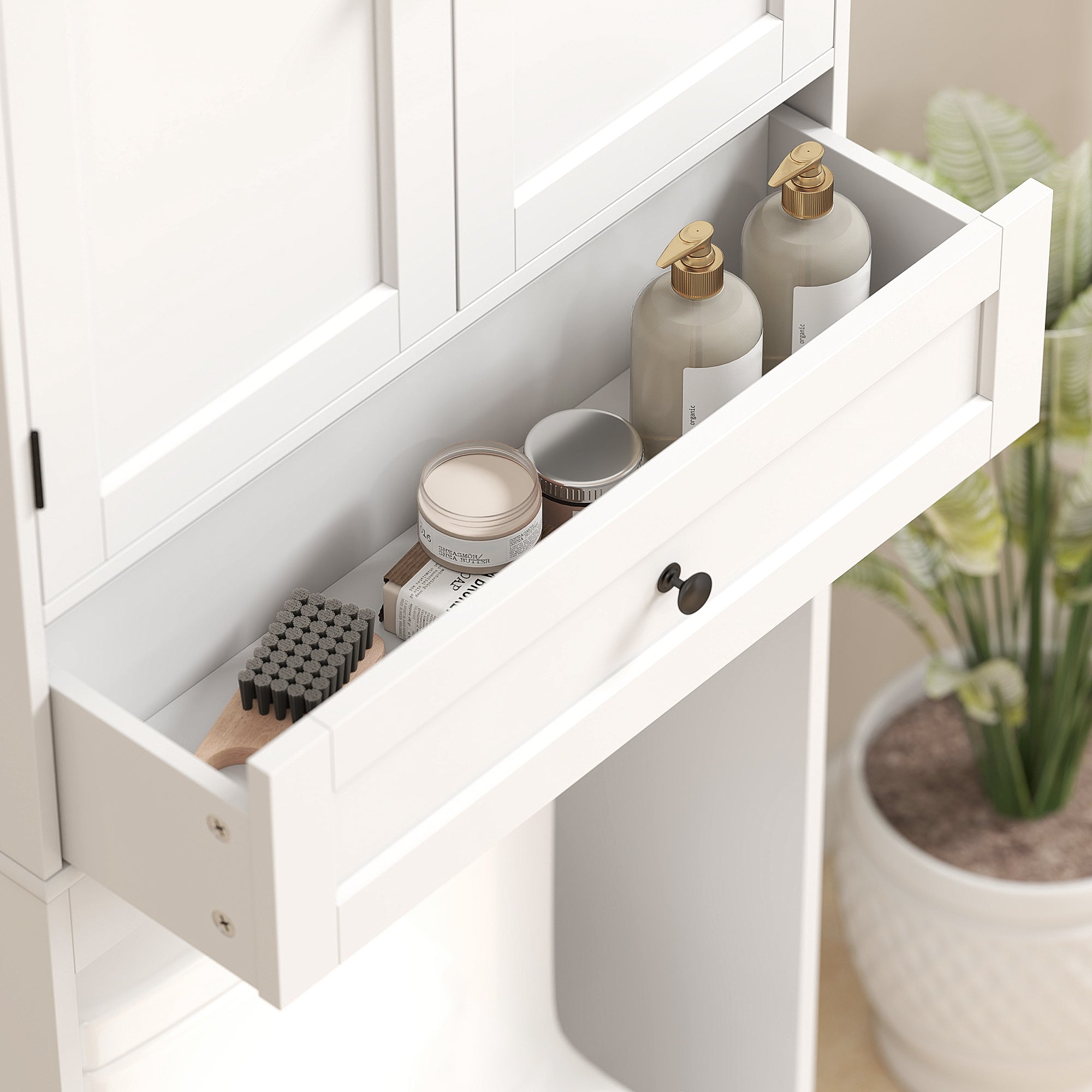 Meuble WC Rangement Dessus de Toilette, Meuble de Toilettes avec 2 Portes, Tiroir et Étagère Réglable, Blanc