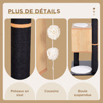 Arbre à chats design contemporain griffoirs grattoirs sisal naturel centre d'activités niche plate-formes jeu boules suspendues 71,5L x 49,5l x 120H cm MDF noir hêtre