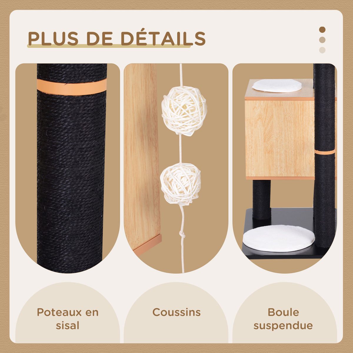 Arbre à chats design contemporain griffoirs grattoirs sisal naturel centre d'activités niche plate-formes jeu boules suspendues 71,5L x 49,5l x 120H cm MDF noir hêtre