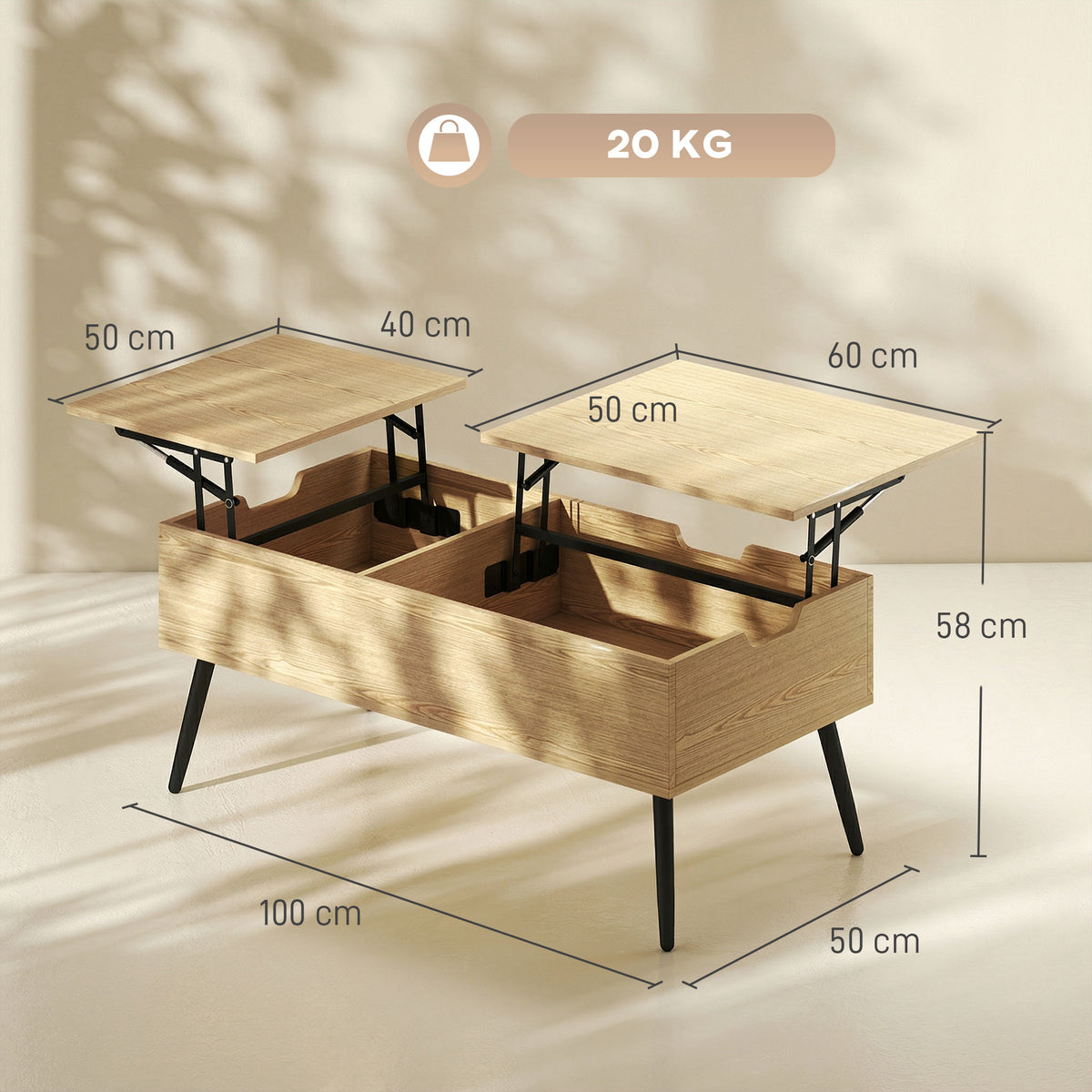 Table basse relevable avec double plateau, table de salon avec compartiment caché et pieds en métal, bois naturel