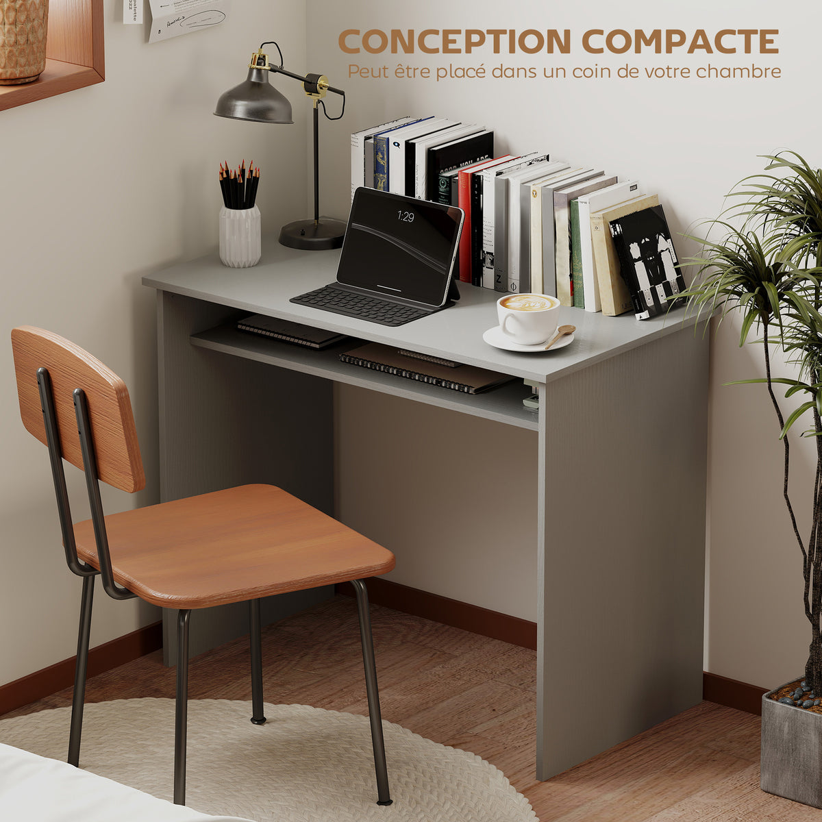 Escritorio informático sobrio, minimalista y compacto con 1 estante, paneles de partículas, dim. 90 ancho x 50 prof. x 74 alto cm, gris