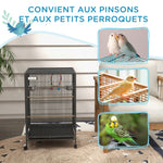 Cage oiseau sur pied cage sur roulettes avec balançoire, perchoirs et plateau coulissant 48 x 46 x 78 cm en acier noir