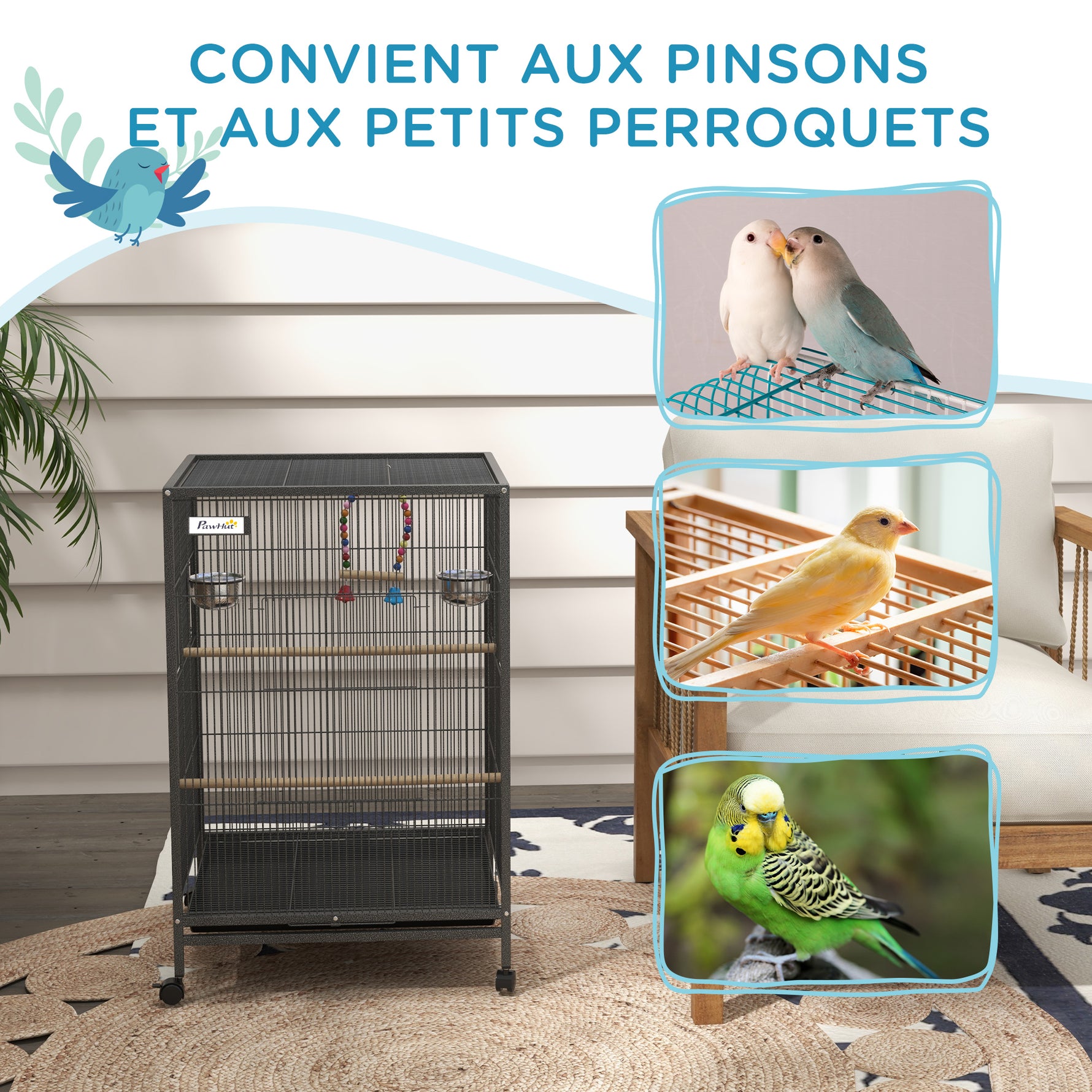 Cage oiseau sur pied cage sur roulettes avec balançoire, perchoirs et plateau coulissant 48 x 46 x 78 cm en acier noir