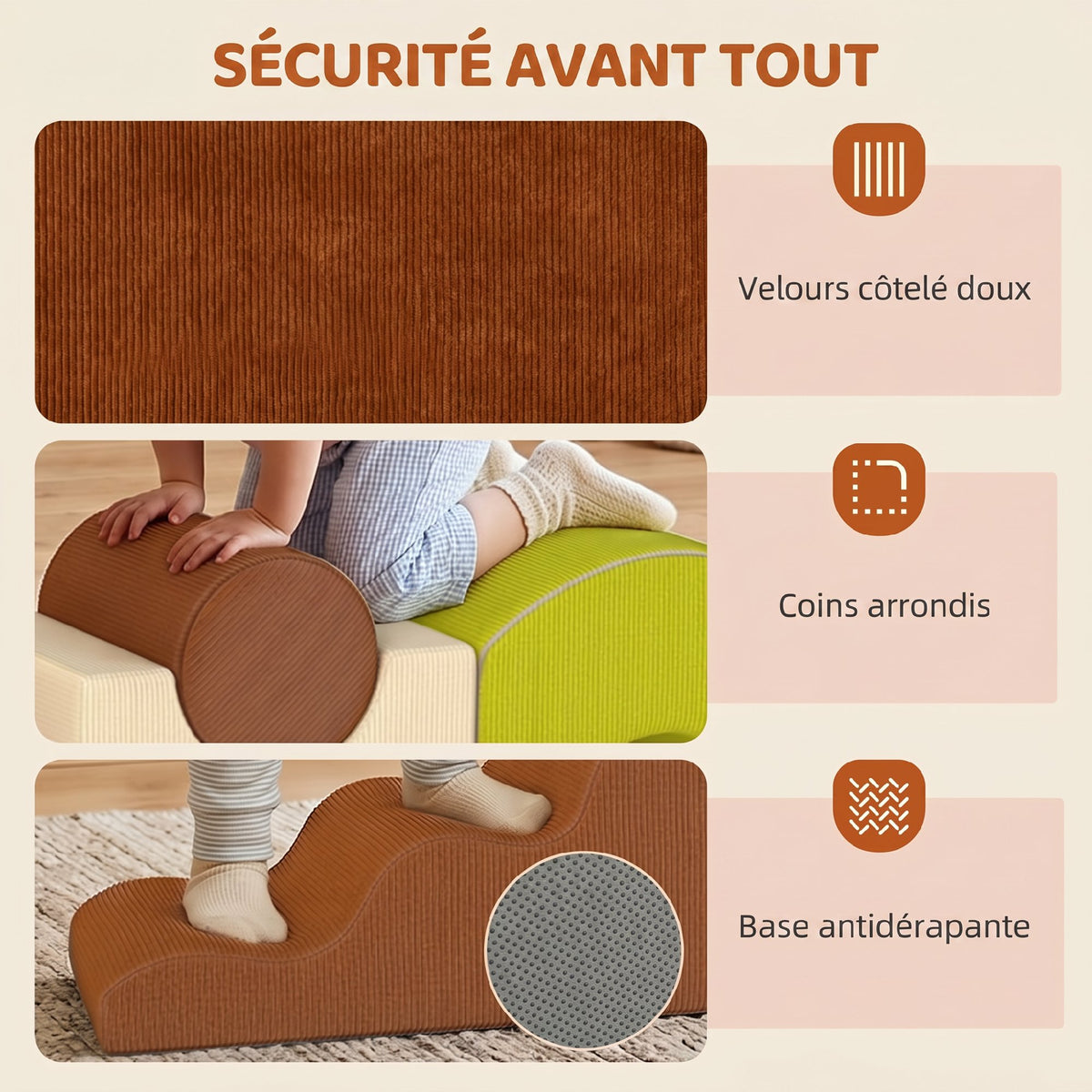 Parcours motricité bébé 5PCS, module en mousse souple avec housse en velours côtelé, multicolore