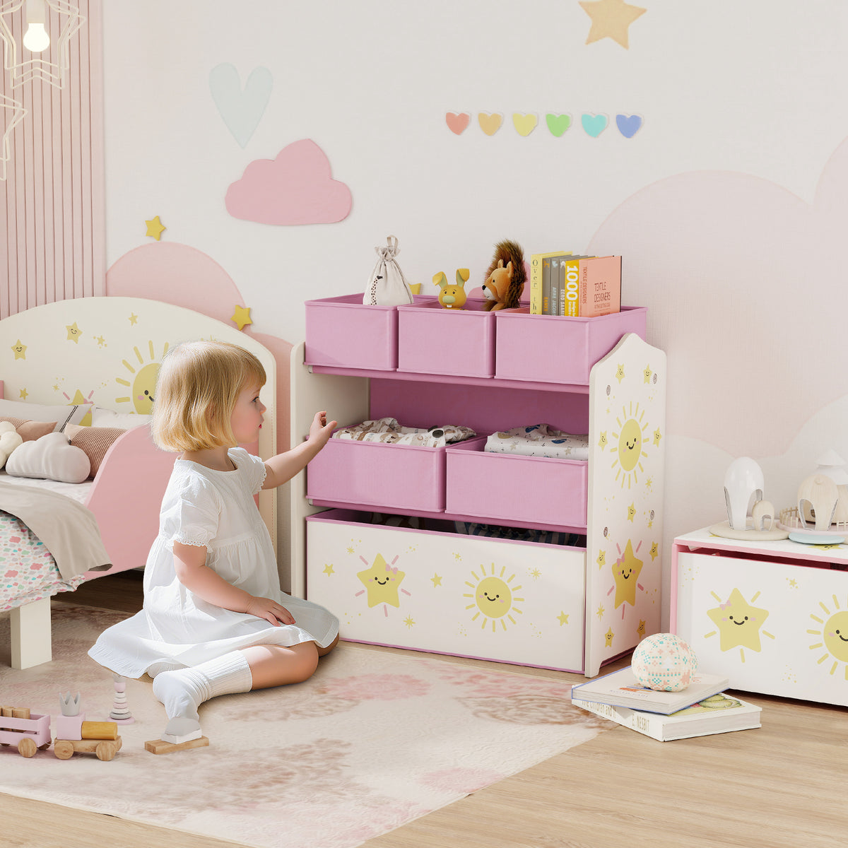 Meuble rangement enfant à 3 niveaux, étagère de rangement pour jouets enfants avec 6 boîtes en tissu amovibles, rose