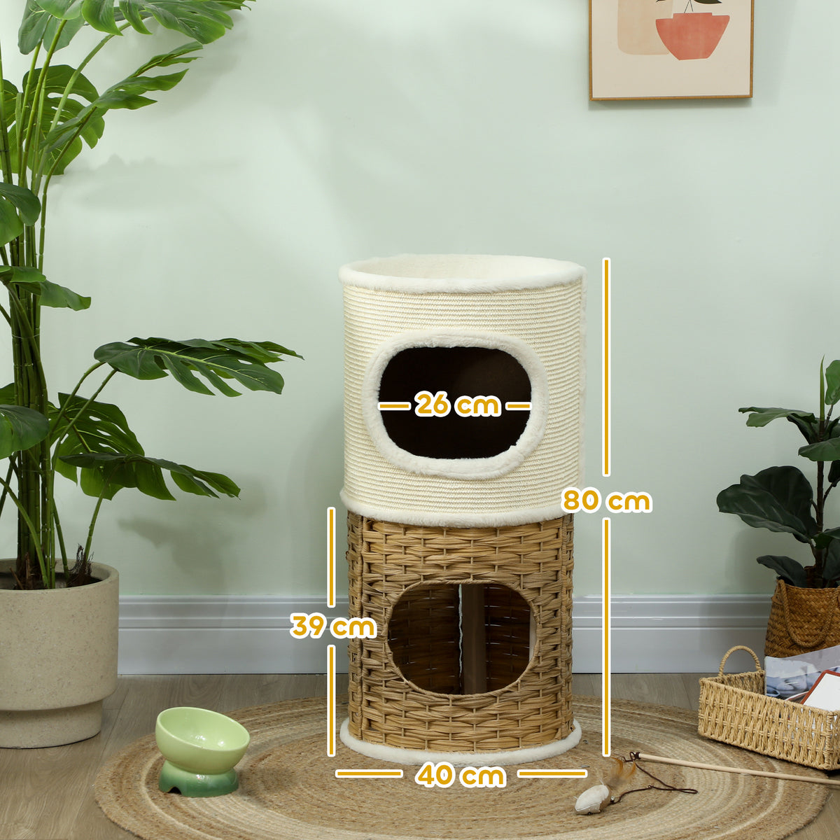 3-laagse binnenkattenmand, kattentoren met sisal krabpaal Ø 40 x 80 cm, crème