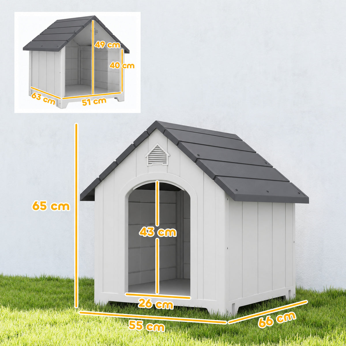 Caseta para perro de exterior, casa para perro de polipropileno impermeable ventilada con suelo elevado 66x55x65cm gris claro