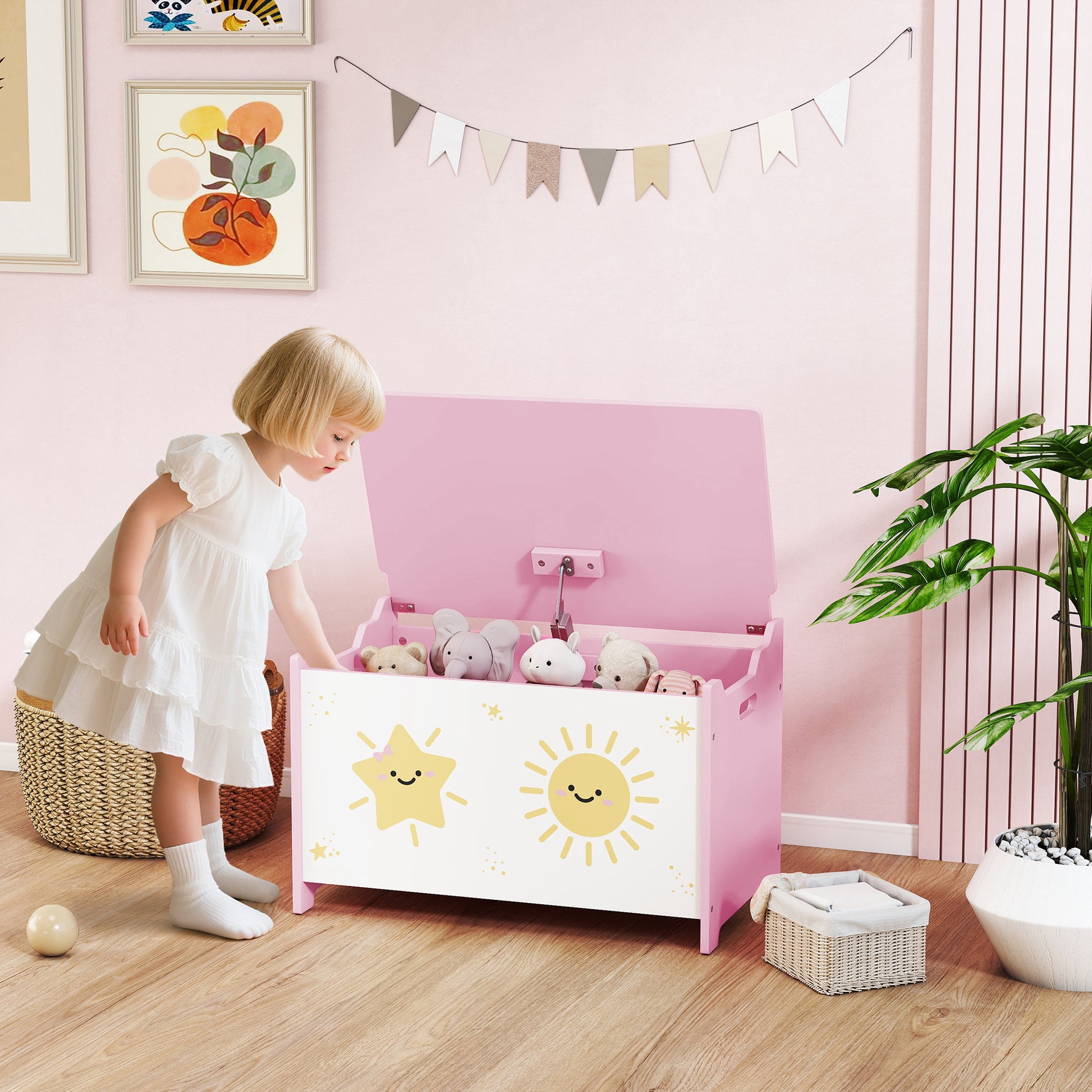 Coffre à jouets avec couvercle, coffre de rangement enfant avec charnières de sécurité, 60 x 37 x 39 cm, rose