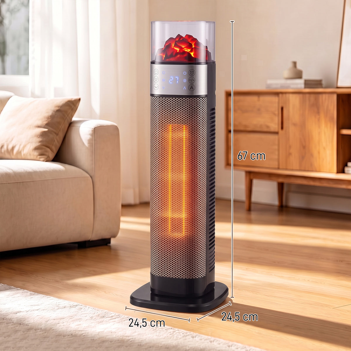 Keramik-Zusatzheizung 2000W, Elektrischer WLAN-Heizkörper, App- & Sprachsteuerung, 5 Modi, 3D-Flammeneffekt, Schwarz