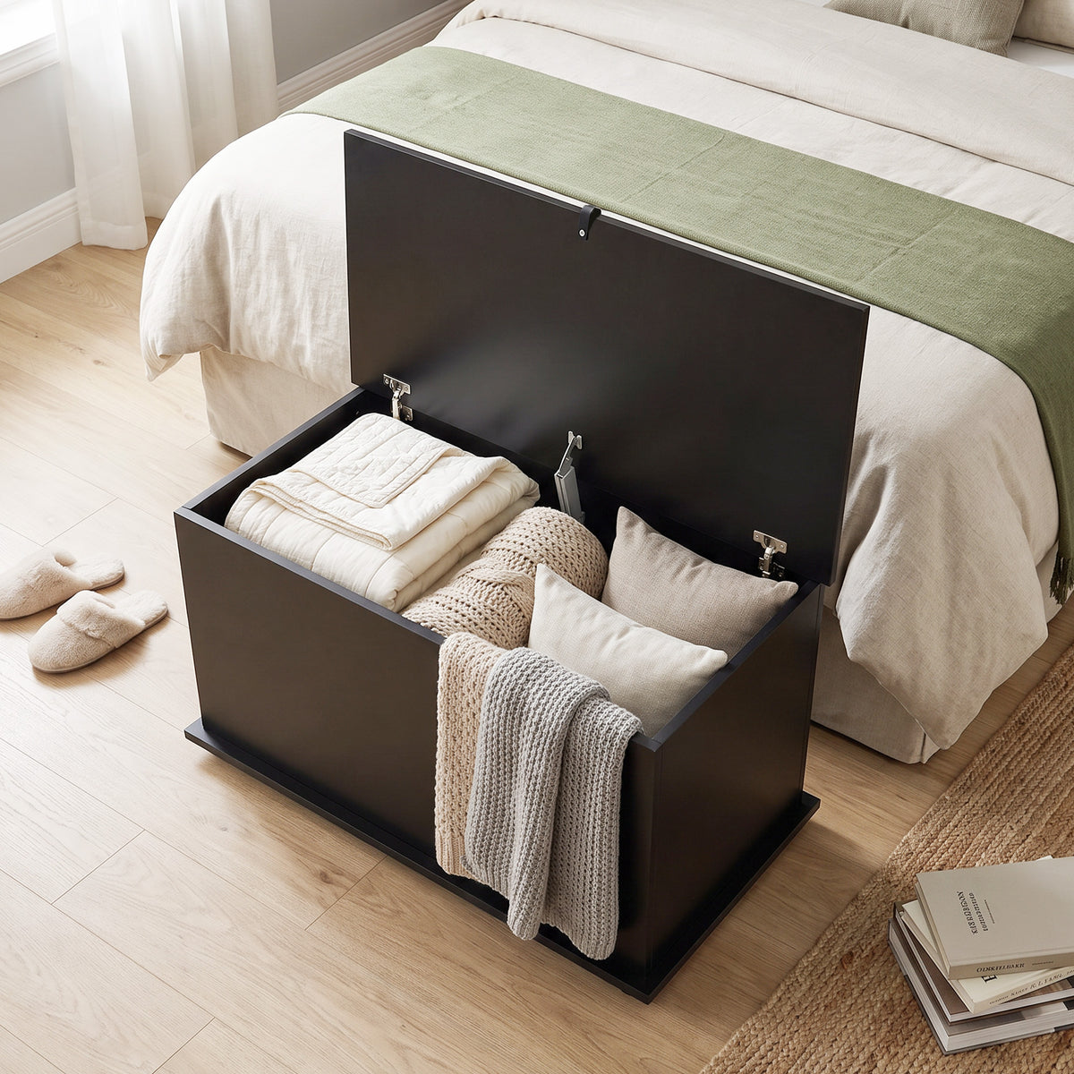 Coffre de Rangement, Banc de Rangement avec Couvercle Rabattable et Charnières de Sécurité, 80 x 40 x 45 cm, Noir