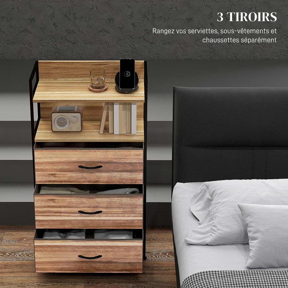 Meuble de rangement style industriel commode 3 tiroirs en tissu amovibles et 2 étagères - 60 x 29 x 101cm - MDF et métal