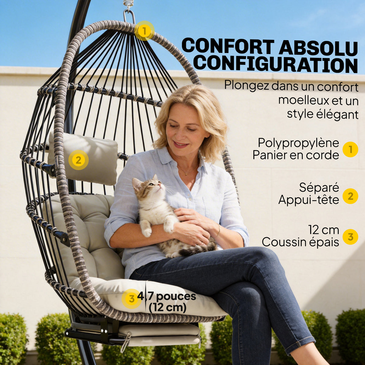 Fauteuil suspendu avec support, chaise suspendue pliante avec repose-pieds rétractable, gris clair
