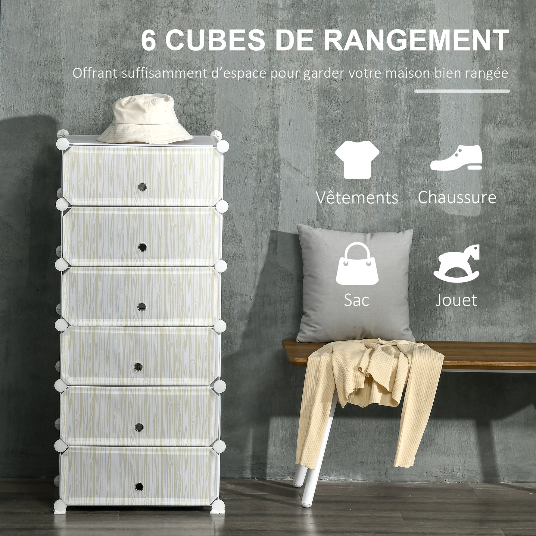 Armoire à chaussures modulable, meuble de rangement avec 6 cubes empilable en plastique, 49 x 36,5 x 108 cm blanc
