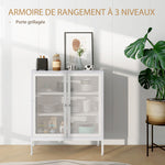 Buffet meuble de cuisine à 3 niveaux avec 2 portes grillagées avec étagère réglable 80 x 37 x 92 cm blanc