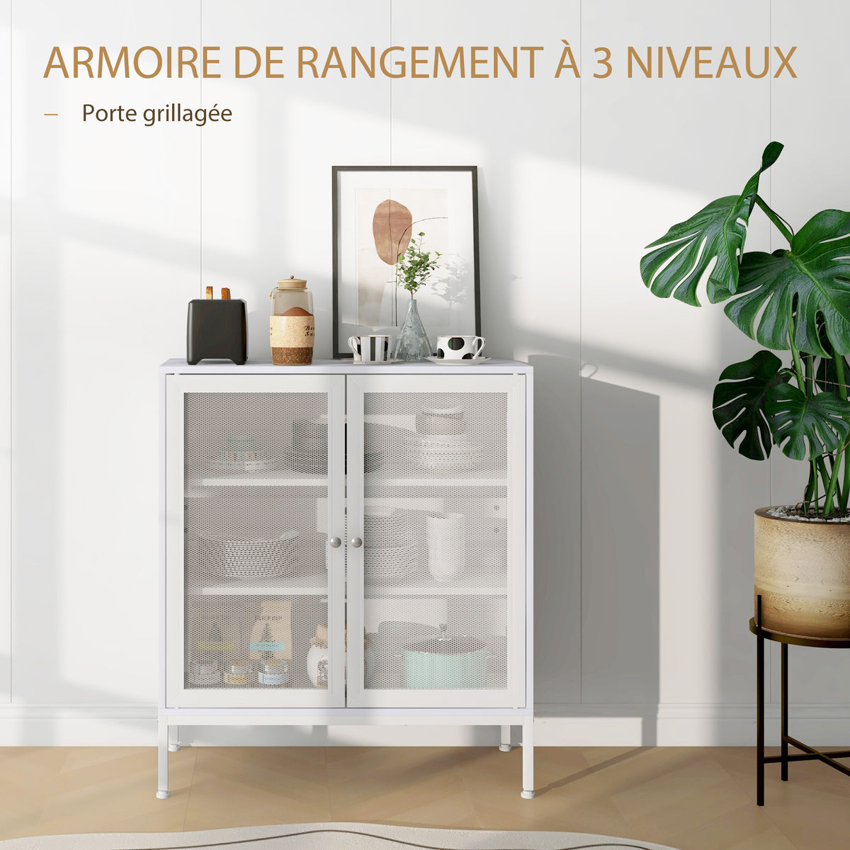 Buffet meuble de cuisine à 3 niveaux avec 2 portes grillagées avec étagère réglable 80 x 37 x 92 cm blanc